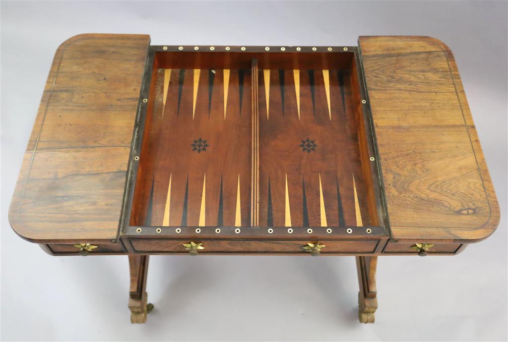 A Regency brass strung rosewood games table, W.3ft D.1ft 9in. H.2ft 5in.